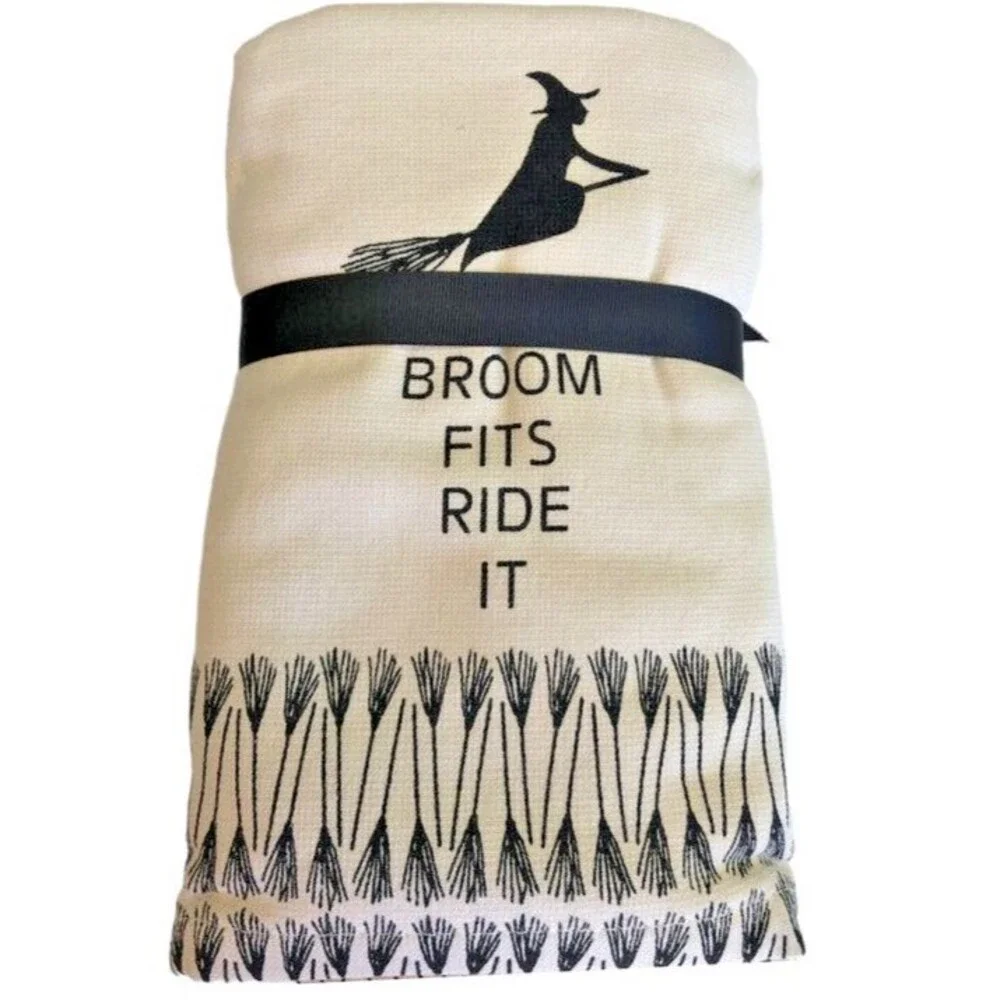 Casaba Halloween Witch Hand Towels Bath Set of 2 Witch Broom Beige Spooky Scary